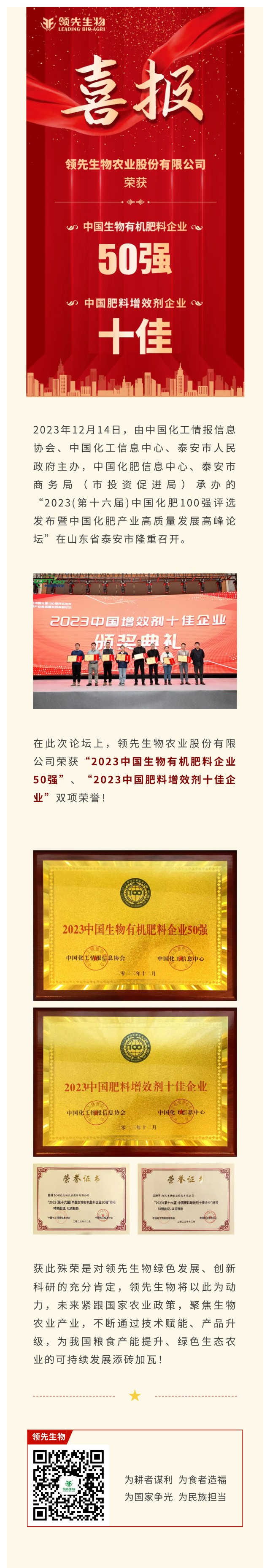 實(shí)力上榜 | 領(lǐng)先生物榮獲2023中國生物有機(jī)肥料企業(yè)50強(qiáng)！中國肥料增效劑十佳企業(yè)！